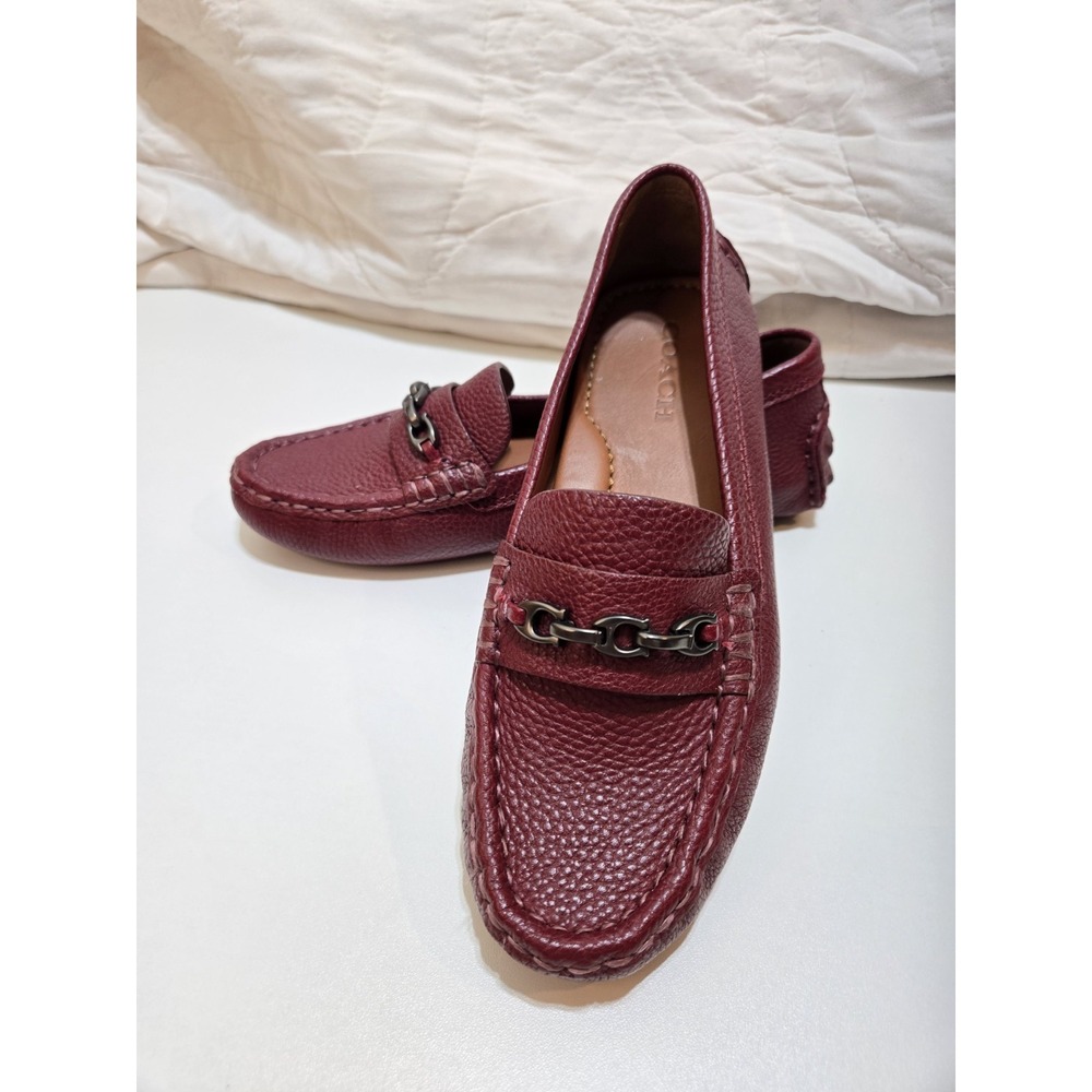 Coach Dark Red Leather Loafers with Chain Accent